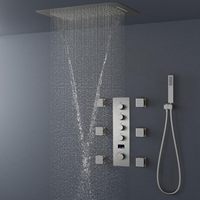 Système de douche thermostatique complet en laiton nickel brossé à 5 poignées, avec pommeau de douche rectangulaire à 6 jets, effet pluie et cascade en céramique