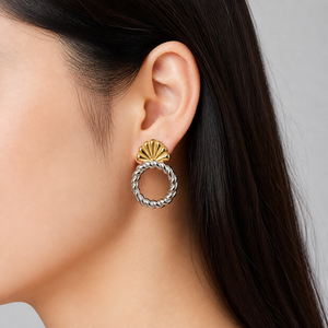 Boucles d'oreilles pendantes en corde bicolore, acier inoxydable plaqué or 14K sous vide, bijoux statement cercle torsadé - Product Image 5