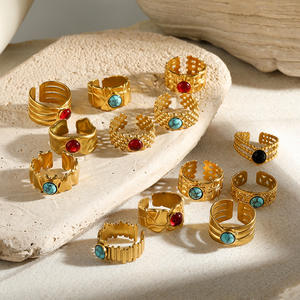 Simple estilo INS piedra natural piedra preciosa hueco ajustable anillo abierto 18K oro galvanizado Acero inoxidable al por mayor - Product Image 1