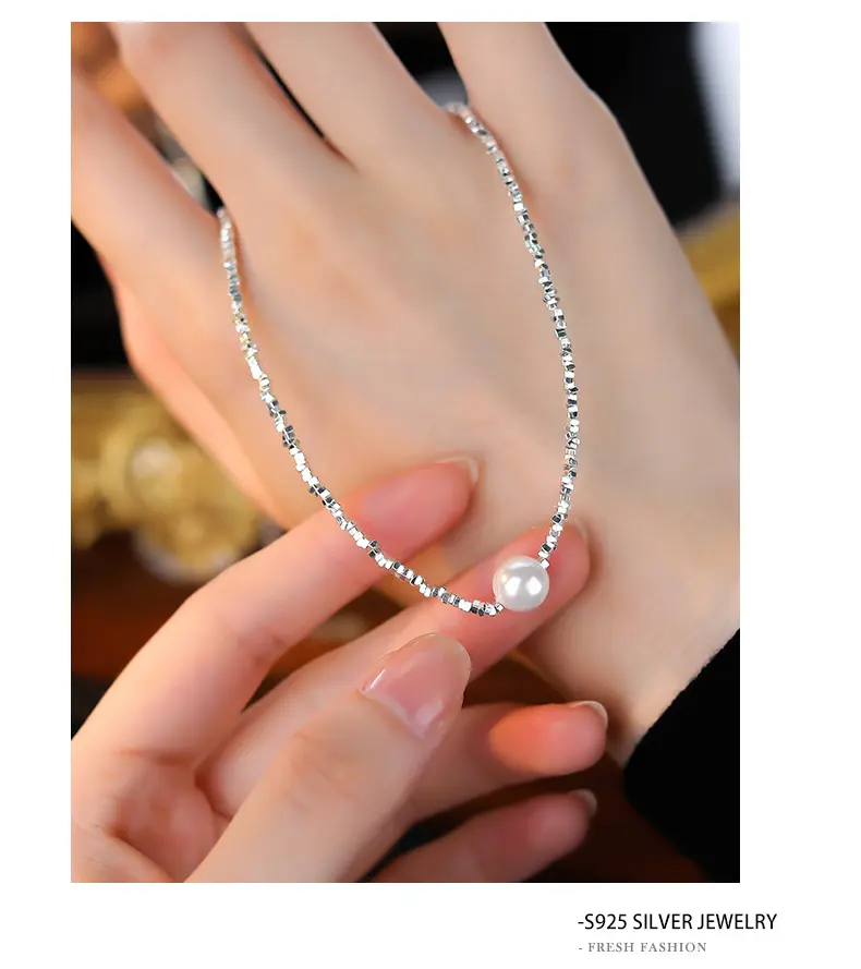 Hot selling 925 sterling silver pearl necklace jewelry shiny special chain fashion glass bead pearl pendant necklace