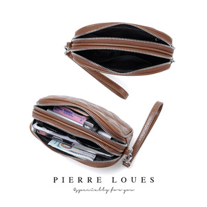 กระเป๋าใส่เหรียญหนังเคลือบแว็กซ์ Pierre Loues ขนาด 7 นิ้ว ซิปคู่ ช่องใส่ของหลายช่อง กระเป๋าใส่โทรศัพท์สำหรับผู้หญิง พร้อมสายคล้องข้อมือ - Product Image 3