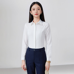 Women's Professional Sky Blue Shirt Long Sleeve Solid Color Office Wear Polyester Broadcloth - Product Image 3