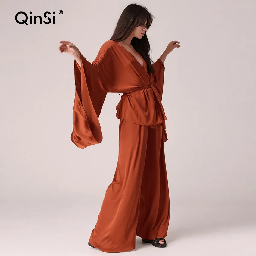 QINSI कैज़ुअल फ़्लेयर स्लीव शर्ट्स इलास्टिक कमर पैंट के साथ दो पीस सेट महिलाओं के लिए 2024 ऑटम लंबी आस्तीन स्लीपवियर महिला बो