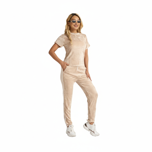 Completo Tuta Sportiva da Donna Casual Tinta Unita in Cotone Spandex Traspirante con Pantaloni con Coulisse e Top a Maniche Corte Vestibilità Regolare Lunghezza Intera - Product Image 1