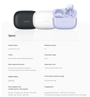 Audífonos Realme Buds T310, Cancelación de Ruido Híbrida de 46dB, Inalámbricos, Controlador de Bajos de 12.4mm, 40H de Reproducción, IP55, Audio Espacial