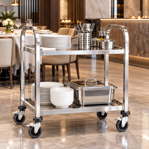 Carrello Portavivande a 2 Ripiani in Acciaio Inox con Ruote Bloccabili, Capacità di Carico 30-50kg, Spessore 0,8mm, per Ristoranti e Hotel - Product Image 3