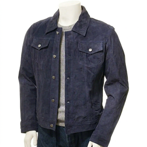 Chaqueta de camionero de ante azul para hombre Eleva tu estilo con opciones de personalización Haz una declaración Mayoristas - Product Image 1