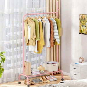 Modern Pink <b>Metal</b> Clothing <b>Rack</b> with Wheels Double Tier Storage <b>Shelf</b> for Living Room Multifunctional Standing Type - Product Image 4