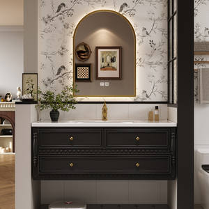 Mueble de baño de lujo medieval con encimera de roca negra, espejo con almacenamiento y lavabo. - Product Image 1