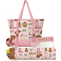 Bottes en jean à motif floral, ensemble de trois pièces style western, sac de maquillage pliable grande capacité écologique, mahjong portable