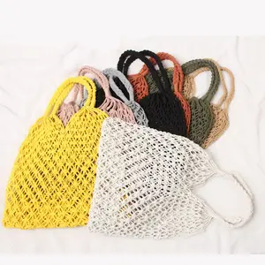 Bolsa de praia feminina estilo ins, bolsa de palha de malha oca para férias, artesanal de algodão, bolsas de mão grandes de malha