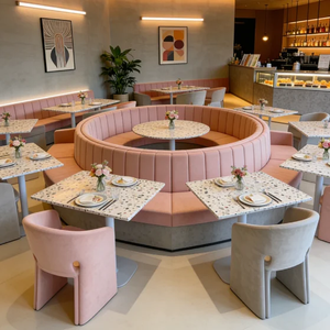Contemporary <b>Restaurant</b> Table <b>Set</b> With Faux Marble Top And Fabric Chairs For Commercial Dining Use - Product Image 2