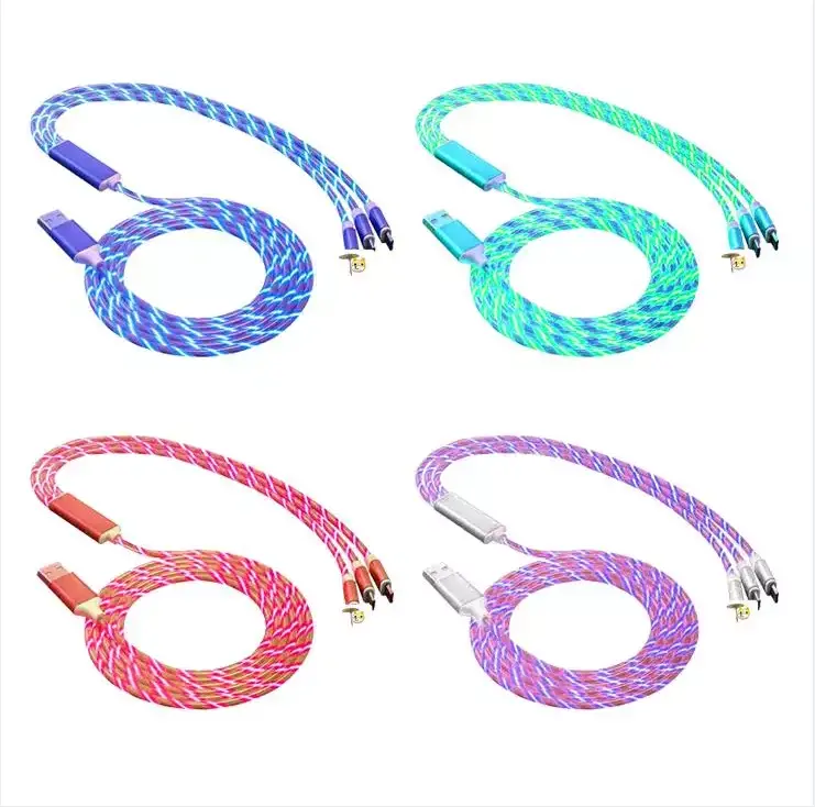 2A Flowing LED Light Cable Fast Charging Lighting 3 in 1 Micro USB Type C Charger Cables For Android For iPhone