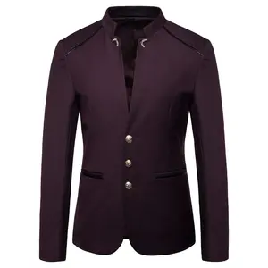 Stand Up Collar Blazer Coat Men's Wedding Party Dress Jacket Fashion Slim Fit Single Breasted Jaqueta Navy Blue Wine Red