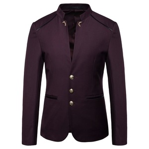 Col montant Blazer <span class=keywords><strong>manteau</strong></span> hommes robe de soirée de mariage veste mode Slim Fit simple boutonnage Jaqueta bleu marine vin rouge - Product Image 1