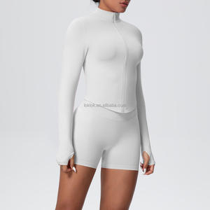 Wholesale <b>Summer</b> Fall <b>Women</b> Workout Fitness Gym Ribbed Soft Fabric Breathable Plus Size Zipper Yoga <b>Jacket</b> Coat Top Quick-Drying - Product Image 5