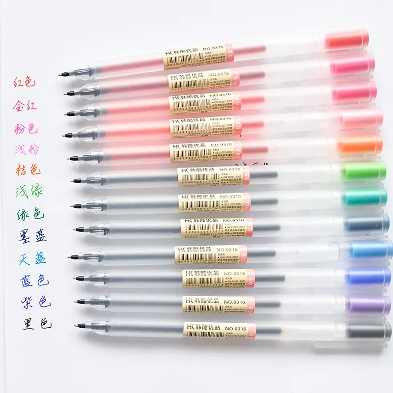 חם מכירות ג 'ל עט 0.5mm צבע דיו ג' ל עט יצרנית עט בית ספר משרד אספקת סגנון חדש 12 צבעים