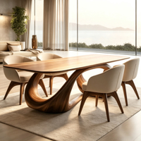 Table à manger en bois massif torsadé abstrait, base courbée artistique, plateau rectangulaire pour mobilier de salle à manger moderne et luxueux