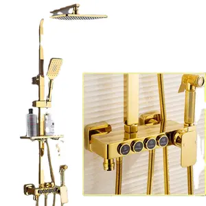 Badezimmer Gold Dusch system Senducs Qualität Messing Badewanne Mischbatterie 12 Zoll Regen Dusch kopf Gold Thermostat Dusch set