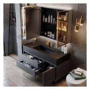 Custom High End Flat Panel Grey Lacquered Bathroom Vanity with Glass <b>Door</b> Panel and Integral Basin Design - Product Image 4