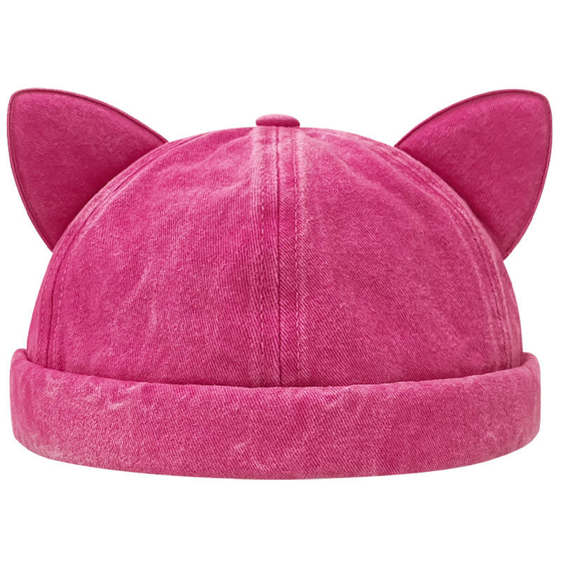 Women's Hot Pink 6-Panel Cap Washed Denim Cat Ears Hat
