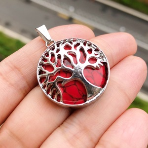 Pietra naturale con intagliato albero della vita in lega tecnica incisione rotonda di cristallo turchese collana pendente - Product Image 3