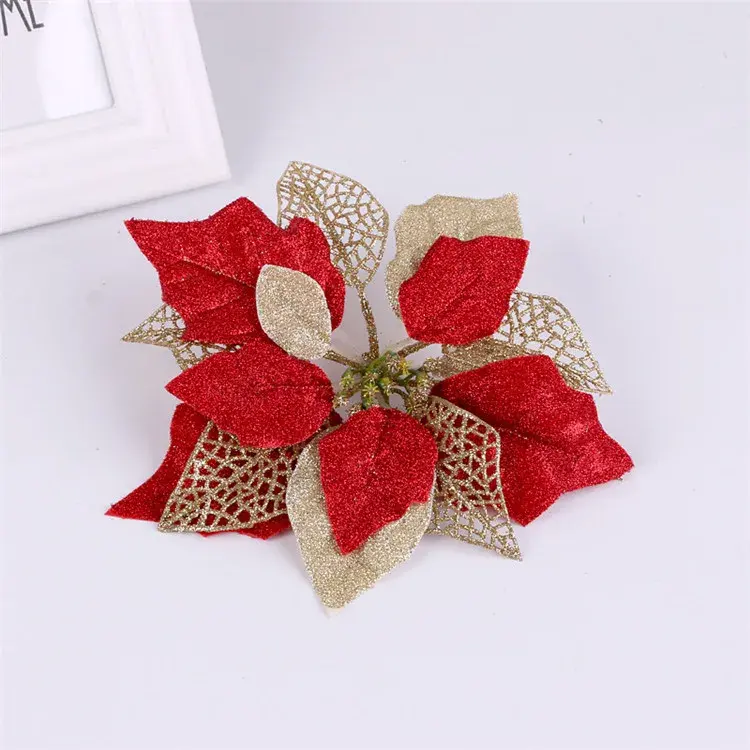 Navidad vacaciones decoración brillo Blingbling terciopelo rojo Navidad Poinsettia flor Navidad flor