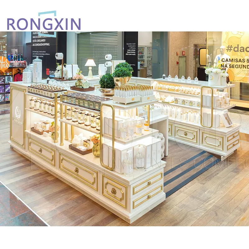 Modern Mall Kiosk Design Glass Perfume Display Cabinet With Led Light Wood Essential Oil Shelve Luxury Mall Perfume Kiosk