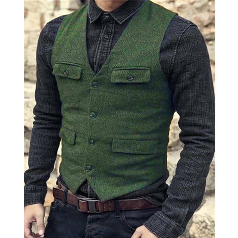 Men 's Vintage Tweed V Neck Herringbone Suit Vest With 3 Real Pockets For Groomsmen Wedding Business (Color : Brown, Size - Foto 2
