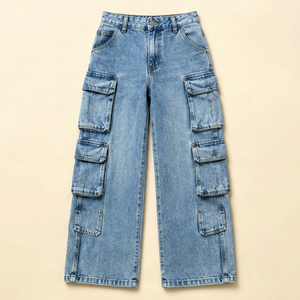 Jeans Cargo de Cintura Alta para Mujer, Estilo Denim Holgado, Lavado a la Piedra, Largos, Estilo Utilitario, Múltiples Bolsillos, Proveedor de Ropa BD - Product Image 1