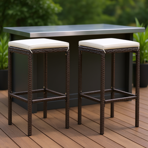 Ensemble de 2 tabourets de bar en acier et rotin brun avec coussins pour usage extérieur - Product Image 2