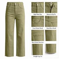 Jean droit taille haute vert olive avec ourlet brut et pantalon en denim pour femme, idéal pour les trajets quotidiens en automne