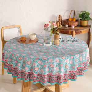 <b>Pink</b> Floral Block Printed Cotton <b>Tablecloth</b> - Boho Dining Table Cover - Rustic Kitchen Linens Custom Size for Home Hotel Banquet - Product Image 5