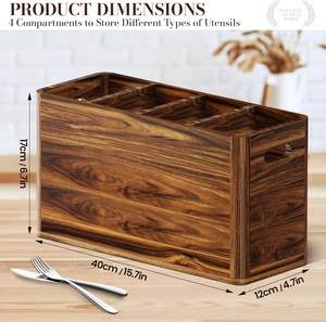 Support à couverts en bois d'acacia Yirilan pour comptoir de cuisine avec 4 compartiments, style rustique, conteneur de rangement 39,9x39,9x11,9cm - Product Image 2