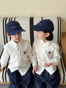 Chemise brodée en lin et coton Happydogs, polyvalente, respirante, coupe ajustée, manches longues, chemisier blanc basique de style britannique pour enfants - Product Image 1
