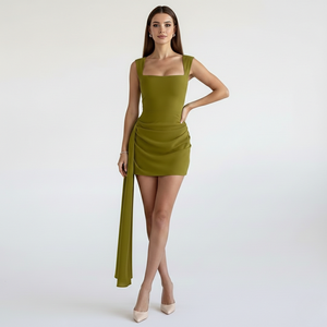 Vestido Mini Vintage Verde Oliva Suave con Volantes, Cuello Cuadrado, Sin Mangas, Vestido de Cóctel de Primavera con Drapeado Lateral para Fiestas - Product Image 1