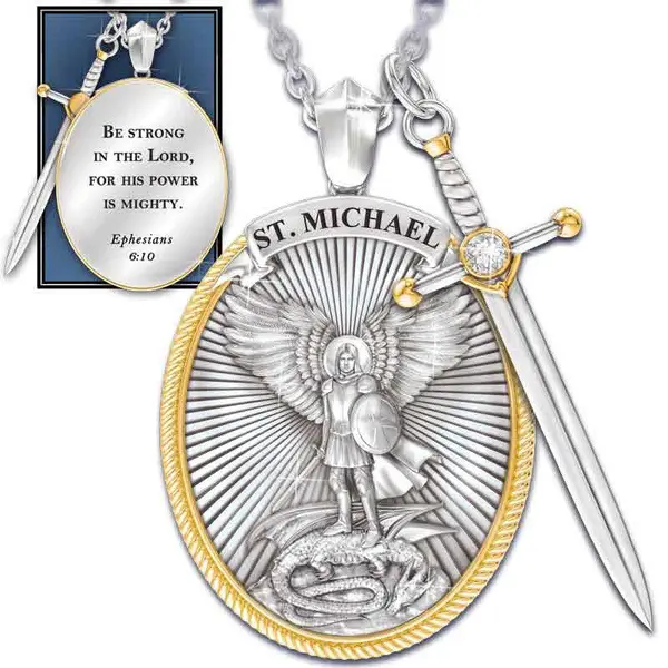 Arcangelo Michael spada rotonda scudo collana ali d'angelo fede croce collane patrono cattolico santo scudo protezione collana