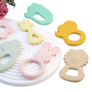 Grosir mainan gigitan bayi silikon bebas BPA, jerapah dan kelinci bentuk hewan untuk anak-anak, mainan gigitan bayi