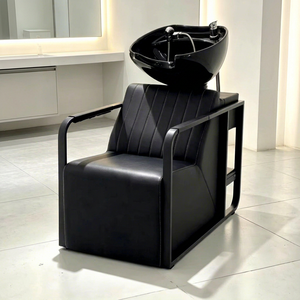 Fauteuil de lavage professionnel moderne avec cadre en métal noir et cuvette en céramique pour salon de coiffure - Product Image 1