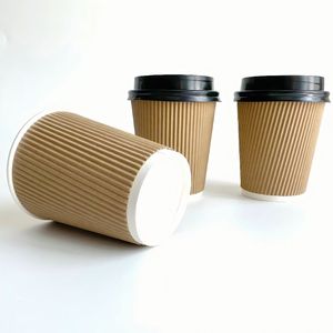 Vasos de papel Kraft de pared ondulada de 8oz, 280g, papel Solar interior, 220g, exterior Kraft, 110g, superficie curvada, vasos duraderos y elegantes - Product Image 4