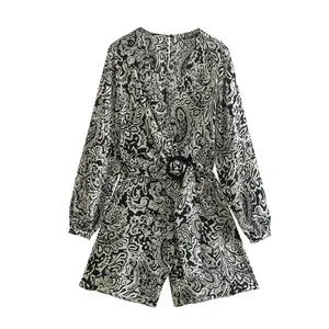 Black and white color v neck long sleeve sashes floral print women casual one piece jumpsuit