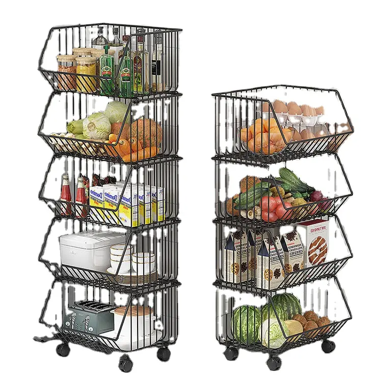 Kitchen Stackable Metal Wire Kitchen Trolley vegetable organize rack wire fruit kitchen storage multilayer rack basket