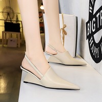 Sepatu Wanita Musim Panas, Hak Wedge Tipis, Bahan Kulit PU, Model Pointed-toe Wrap-toe Slingback, Cocok untuk Kencan
