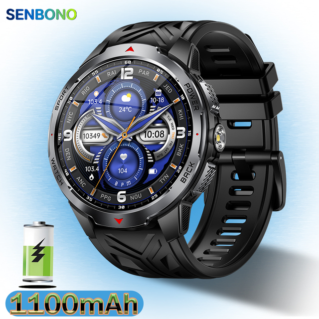 SENBONO Smartwatch for Men KT88 Flashlight Compass Sleep Tracker Silicone Band 3ATM Waterproof 1100mAh Battery Voice Calling
