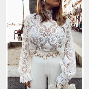 Chemisier Élégant Vintage en Dentelle Femme, Manches Lanterne Évidées, Col Montant, Hauts Féminins Chic - Product Image 6
