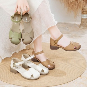 Women's Summer Sandals Mid Heel 3 5Cm Tpr Sole Top Grain Cowhide Solid Color One Word Toe Comfortable Breathable Non Slip - Product Image 4