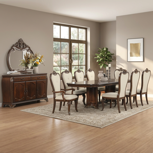 American Classic Dark <b>Brown</b> Wood Dining Set-Rectangular <b>Table</b> 8 Upholstered Chairs with Ornate Carvings Sideboard Mirror - Product Image 3