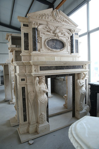 Grande cheminée décorative en marbre <span class=keywords><strong>beige</strong></span> de pierre calcaire européenne cultivée, sculptée, à double niveau, avec statues figurées - Product Image 6