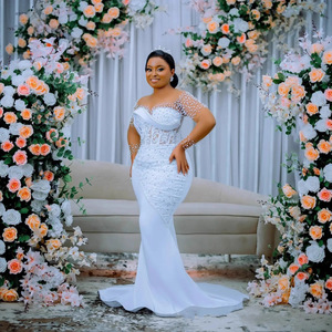 Vestido de Novia de Lujo con Pedrería y Perlas, Mangas Largas, Blanco, Hombros Descubiertos, Vestidos de Novia Estilo Sirena, Personalizado, Formal - Product Image 4