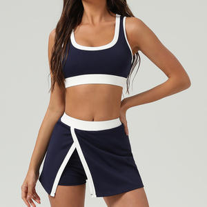 Hochwertige Damen Color Block 2 Stück Tennis rock Set U-Ausschnitt Sport BH Hohe Taille Tennis röcke mit Liner Workout Golf Outfits - Product Image 6